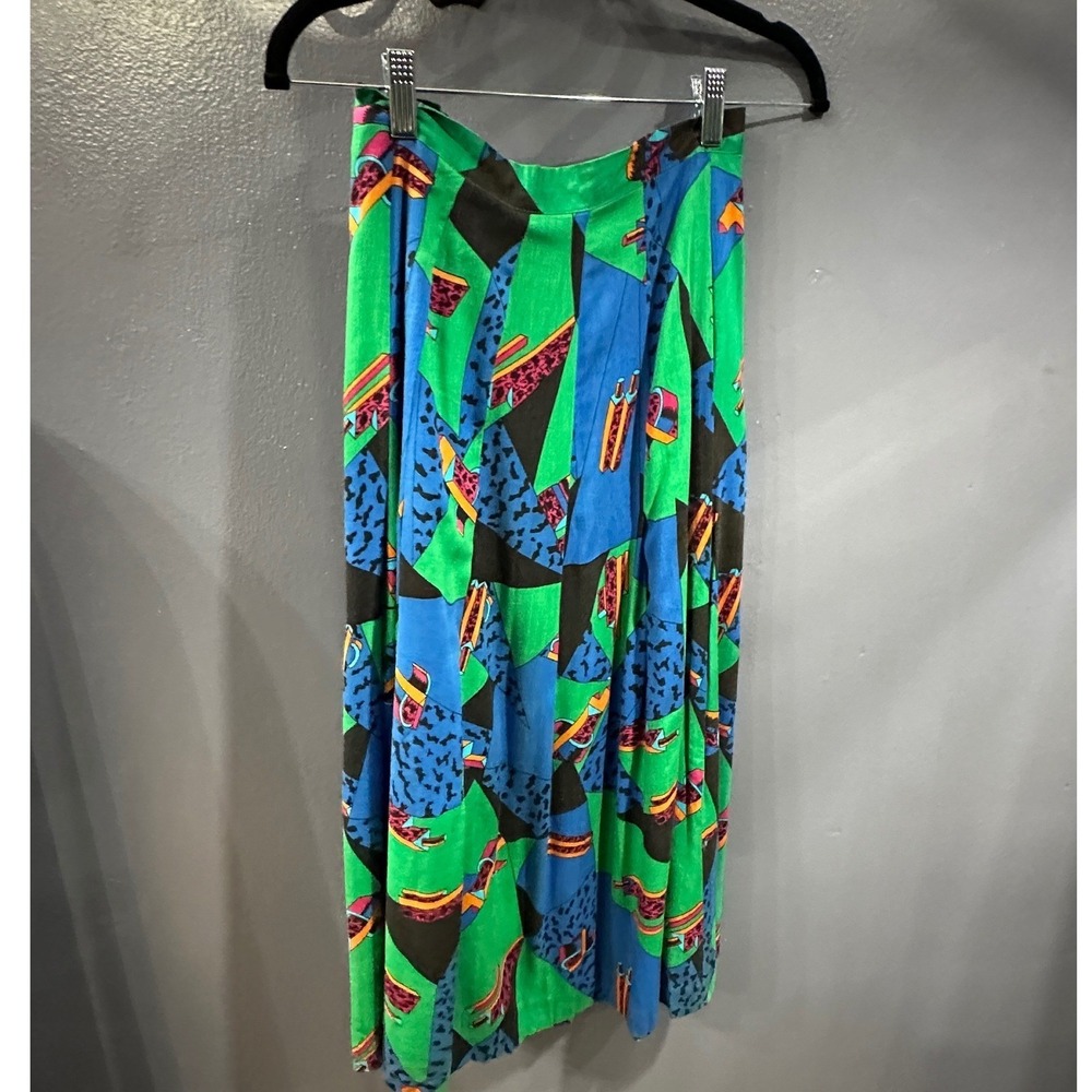 Vintage 90s Abstract Geometric Maxi Skirt Green Blue Black Size 6